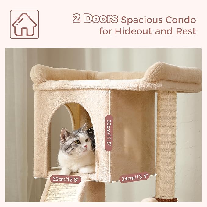 Small Cat Tree Tower for Adult Cats with Large Top Bed 20x13.8”Private Cat Condo,Sisal Scratching Post and Ramp and Self Groomer and Spring Ball-Beige