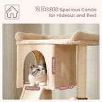 Small Cat Tree Tower for Adult Cats with Large Top Bed 20x13.8”Private Cat Condo,Sisal Scratching Post and Ramp and Self Groomer and Spring Ball-Beige