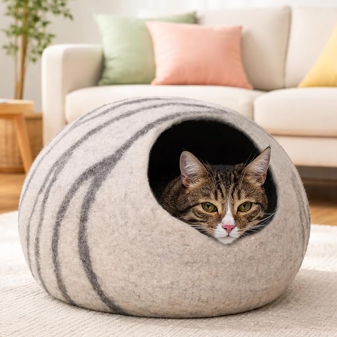 MEOWFIA Cat Cave – Premium Felt Cat Bed for Indoor Cats, Handmade Merino Wool (Light Grey, Medium)