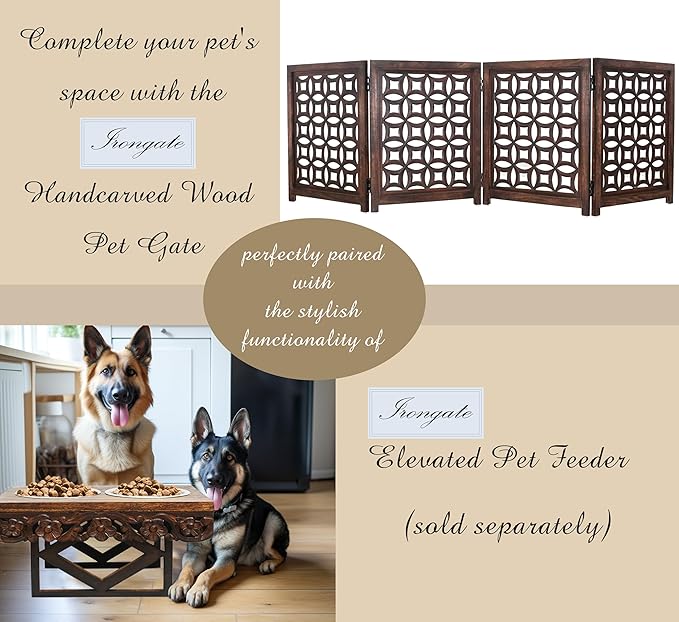 Wooden Foldable Pet Dog Safety Gate -4 Panels 20"Wx24"H- Hand Carved Solid Wood And MDF - Free Standing Portable Indoor Doorway Hall Stairs Dog Puppy Fence - Fully Assembled - Antique Brown -IRONGATE
