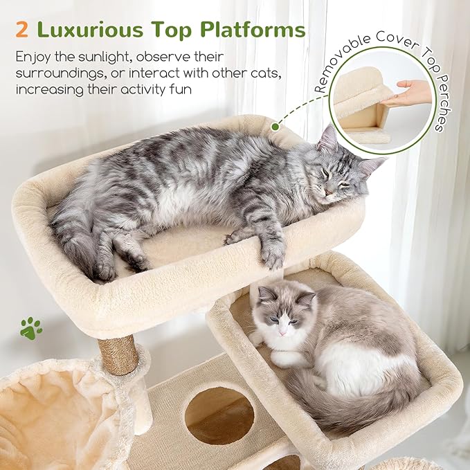 Globlazer Large Cat Tree, 72 inch Tall Cat Climbing Tower for Indoor Large Adult Cats Multi-Level Furniture Tree House with 2 Cozy Perches, 2 Padded Condos, 5 Sisal Scratching Posts, F72G, Beige