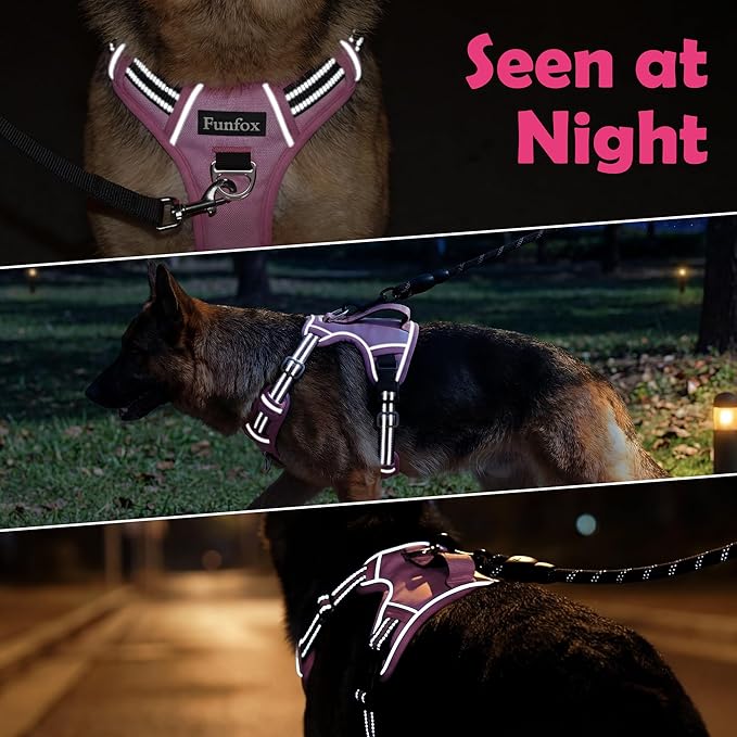 Funfox Dog Harness Medium No Pull, Adjustable 2 Clips Anti-Pull Vest with Practical Handle, Breathable Padded Pet Harness Designed for Small/Large Breeds, Reflective Training Walking Pink M