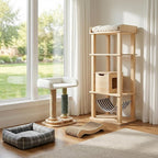 4-in-1 Small Cat Tower with Bed for Kittens, Cat Tree with Cat Self Groomer Brush, Track Balls, Natural Sisal Cat Tower with Interactive Toy, Scratching Post for Indoor Cats