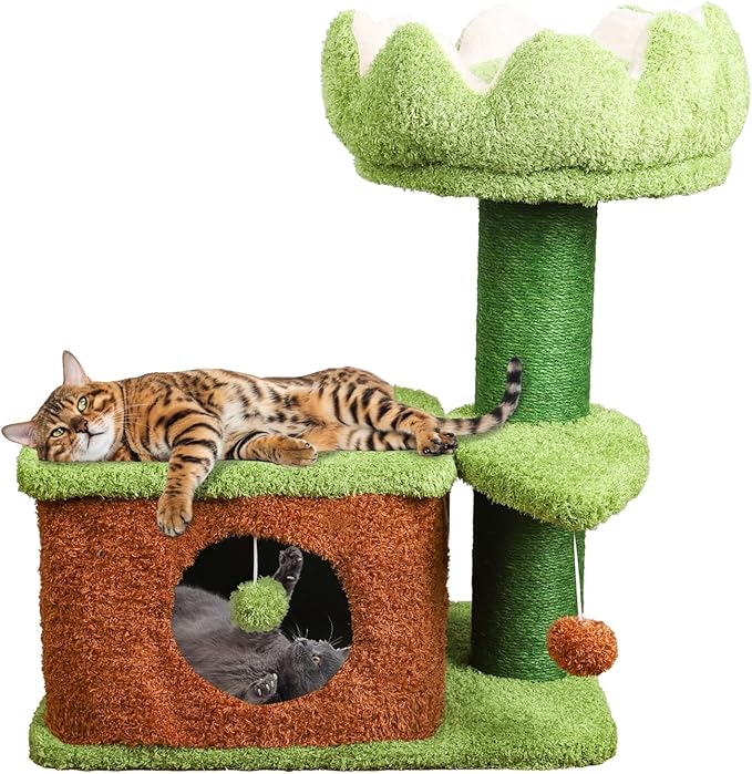 Zamaya Flower Cat Tree for Indoor Cats Large Adult,Easy to Assemble, Modern Cat Tower with Soft Cat Cave with a Window,Sisal Scratching Posts,Dangling Toy,(25.9" H) Green