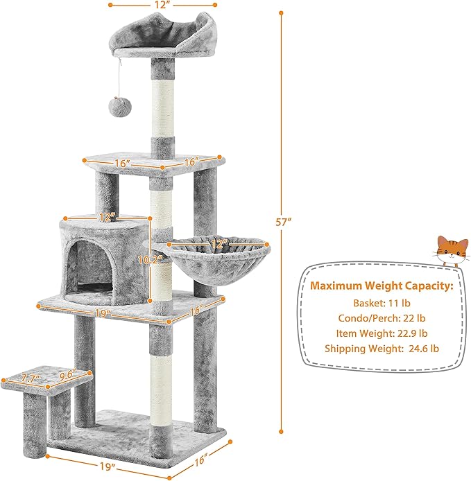 Topeakmart Cat Tree 57in, Multi Level Cat Tower with Basket & Condo & Scratching Post & Padded Perch & Extended Platform & Fur Ball Cat Furniture