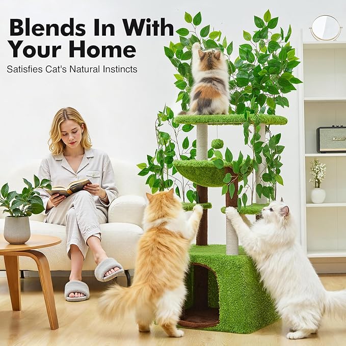 60 inch Cat Tree with Leaves for Climbing, Hiding and Sleeping Cat Tower with Hammock, Scratching Post and Large Cat House