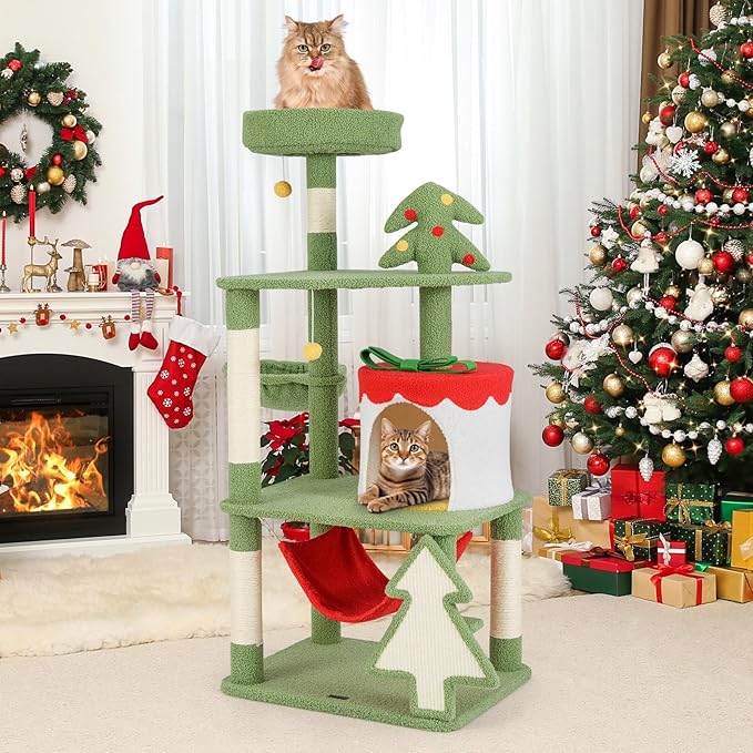 Tangkula Christmas Cat Tree, 52” Tall Cat Tower with Sisal Scratching Posts & Xmas Tree, Plush Perch, Gift Box Shaped Condo, Hanging Toys, Basket Bed, Hammock, Cute Cat Tree Tower Holiday Decoration