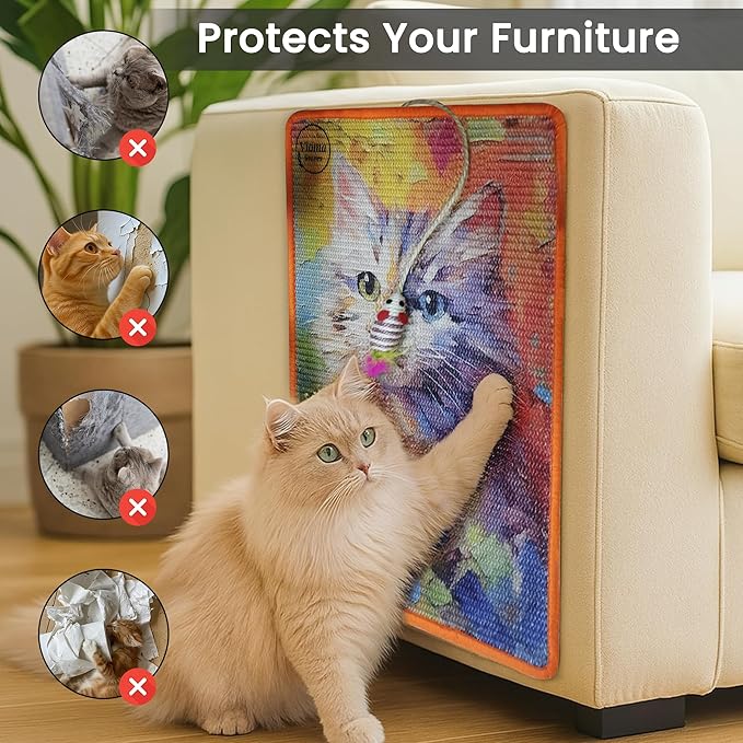 Sisal Cat Scratcher Mat [+ Sisal Mouse Toy] – Wall & Couch Protector, Carpet & Floor Scratching Pad, Durable Non-Toxic & Shedding-Resistant (Watercolor Cat)