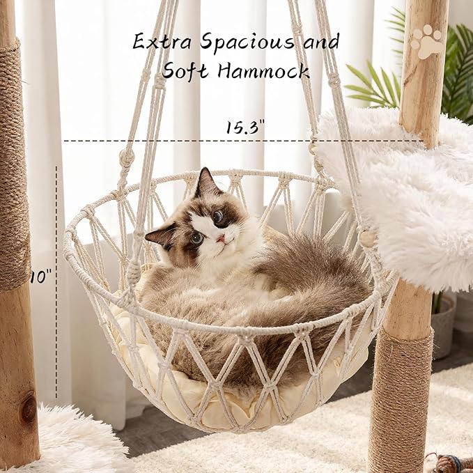 Modern Multi-Level Cat Tree Tower for Indoor Cats, 70" Tall Natural Solid Wooden Cat Tower with Sisal Scratching Post, Luxury Cat Furniture with Swing Hammock for Cat Households White