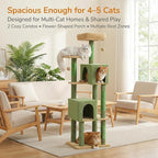 62" Cactus Cat Tree for Large Cats, Multi-Level Cat Tower with 2 Plush Condos, Soft Bed, Scratching Posts & Pad, Padded Perch & 2 Hanging Pompoms for Indoor Cats, Green