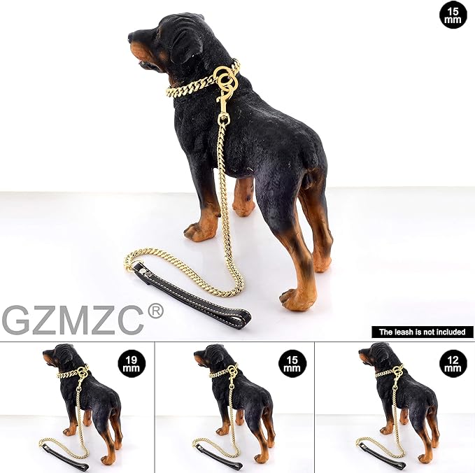 Dog Chain Collar 18K Gold High Polished Stainless Steel Cuban Link Strong Heavy Duty Chew Proof Walking Training Chain Leash Collar for Small Dogs(15mm, 12")