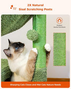 PEQULTI Cactus Cat Tree Cat Condo with Big Metal Frame Hammock, Cat Scratching Post for Indoor Cats with Cat Condo Natual Sisal Rope and Cat Toy Dangling Sisal Ball, Green