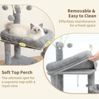 Heybly Cat Tree, 45.3-Inch Cat Tower for Indoor Cats with Large Perch, All-in-One Cat Furniture with Cozy Bed, Hidden Space Cat Condo, Comfy Hammock, Scratching Posts & 3 Pompoms, Light Gray HCT202SW
