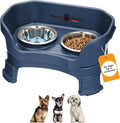 Neater Feeder Deluxe Mess-Proof Elevated Dog Bowls for Small Dogs (Up to 19 lbs), 2 Height Adjustable (6” & 7.5”) No-Spill Raised Dog Bowl Stand, Stainless Steel Food Bowl Set, Made in USA, Dark Blue