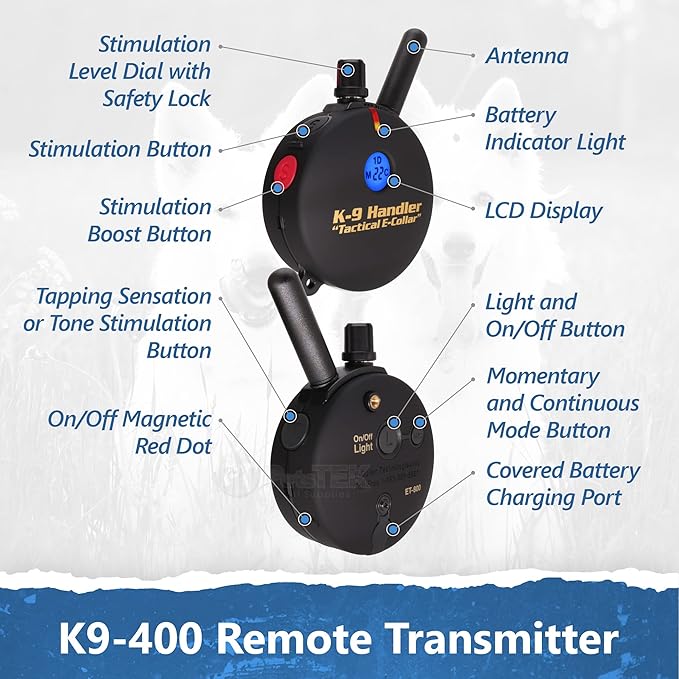 Educator K9-400 Tactical E Collar for Dog Training with Remote - 3/4 Mile Range, Waterproof, 100 Stimulation Levels, Tone or Vibration Mode, Night Light for Small, Medium & Large Dogs (33 inc)