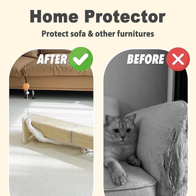 Meeyoview 30" Horizontal Scratching Post, Sisal Cat Scratcher with Spring Toy, Large Floor Mount Scratching Pad, Furniture Protector for Indoor Cats, Square