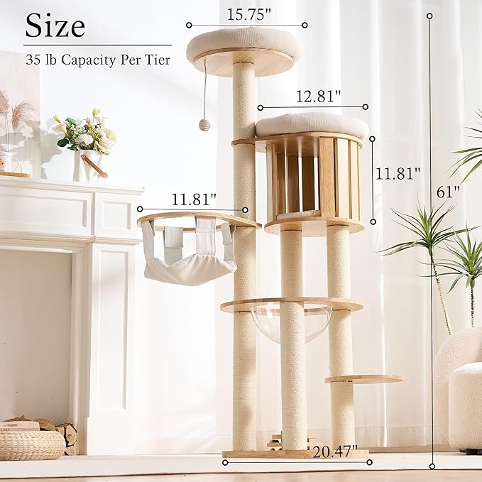 797Audio Wood Modern Cat Tree, 61.5" Cat Tower with Sisal Scratching Posts, Cat Condo, Capsule,Hamnock and Spinner Toy, Solid Wooden Aesthetic Multi-Level Cat Climbing Tree for Adult Indoor Cats-White