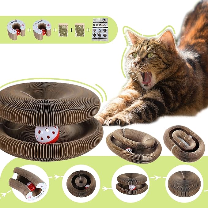 2Pcs Kitty Kurlz Cat Toys,Magic Organ Cat Scratching Board Toy for Indoor Cats, Twisty Paws Cat Toys, Foldable Accordion Honeycomb Kitten Kurlz Cat Scratcher with Ball