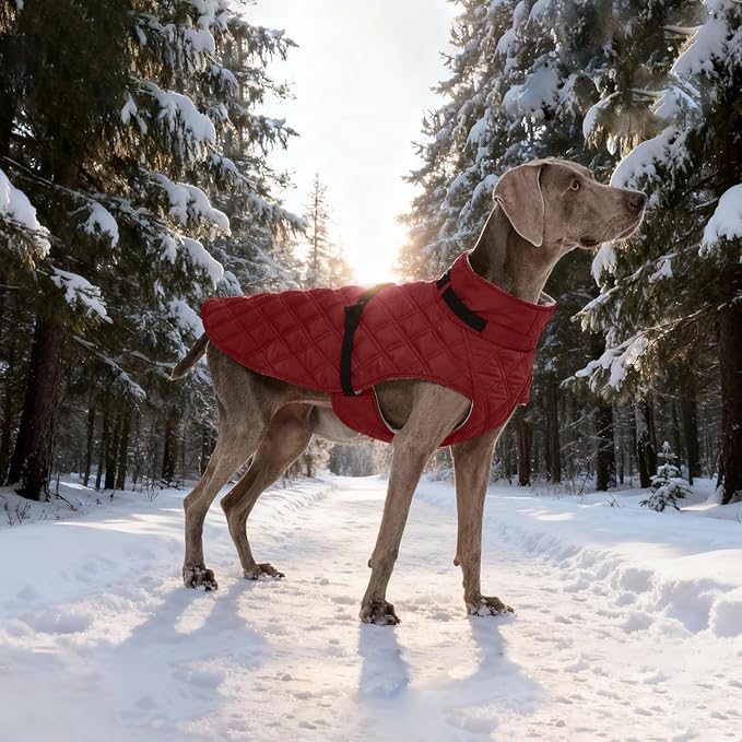 Kuoser Dog Coat Warm Fleece Lining Turtleneck Dog Jacket with Harness Built-in, Adjustable Windproof Cold Weather Coats with Quick Release Buckle Pet Winter Snowsuit for Large Dogs, Red XL