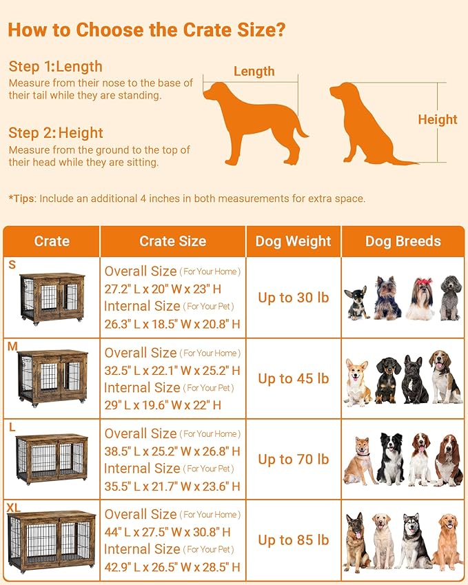 Dog Crate Furniture with Cushion, Wooden Dog Kennel Indoor with Double Doors, Dog Cage with Wheels, Dog House Side End Table for Small Dogs up to 30 lb, 27.2" L, Rustic Brown
