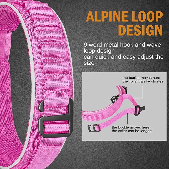 HYDEME Tactical Dog Collar, Alpine Loop Adjustable Military Training Nylon Dog Collars with Handle and Reflective for Small Medium Large Dogs, with Airtags Protective Case & Patches.(XL,Pink)
