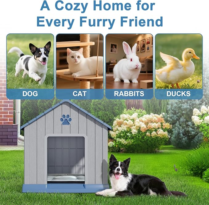 Dog House Indoor Outdoor for Small to Large Sized Dogs Resin Outdoor Dog House with Ventilation Puppy Shelter with Elevated Floor, Easy to Assemble, Blue