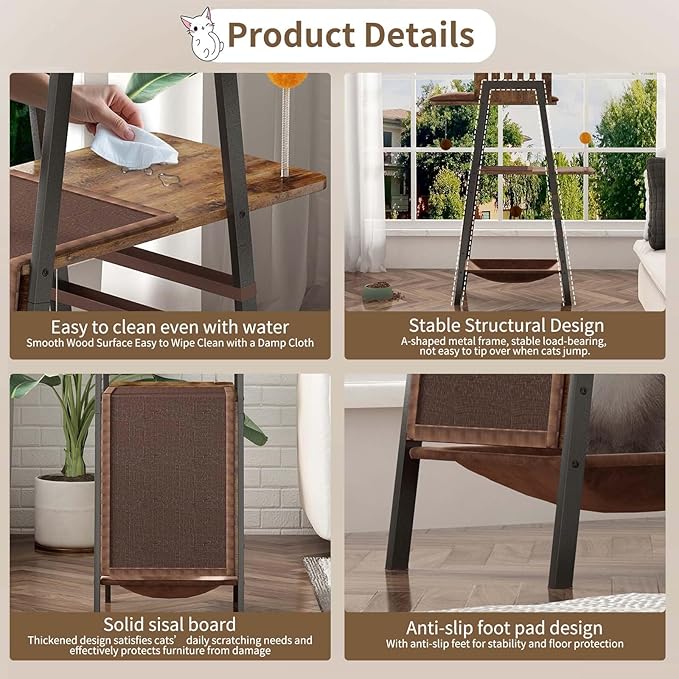 58-Inch Outdoor Cat Tower Metal, Large Cat Tower Platform, Modern Cats Tree with Scratching Board & Removable Pads, Cats Furniture for Indoor Cats, Large Perch Hammock