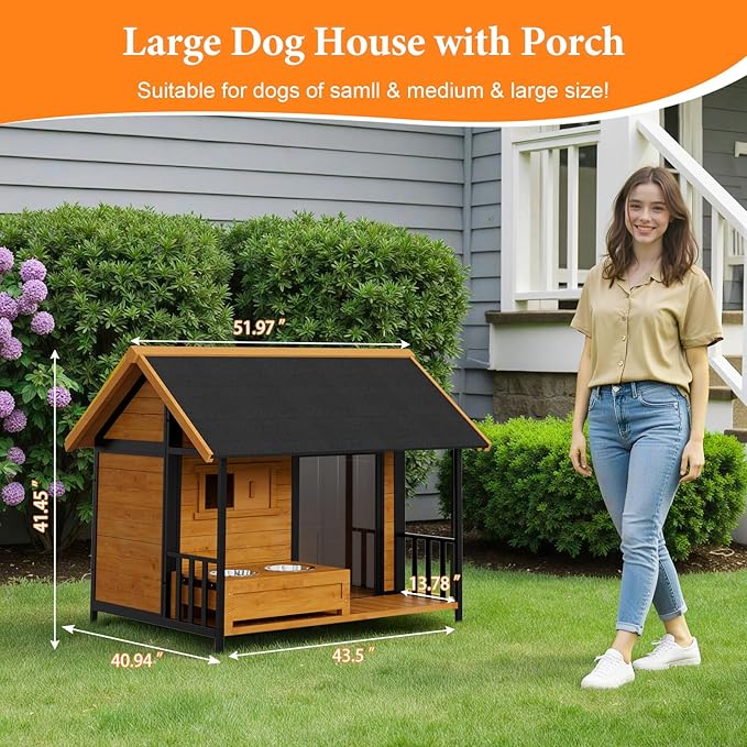 Dog House with Dog Bowls Stand, Large Outdoor Dog House Kennel, Easy to Install, Design with Weatherproof Roof and All-Around Iron Frame for Outside Small Medium Large Breed Dogs(Brown)