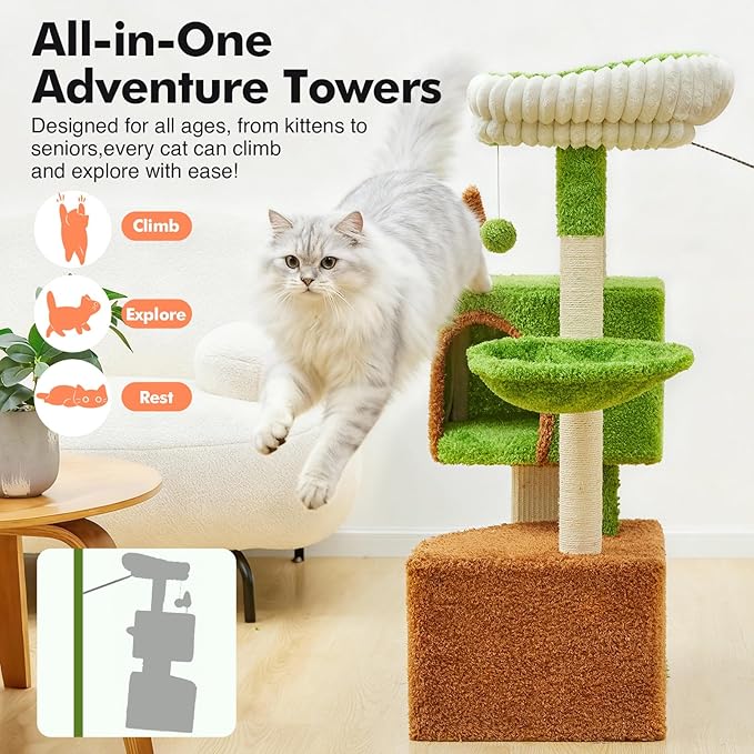42-inch Cat Tree Features with Two Large Cat Houses, A Cozy Hammock, Sisal Rope and Oversized Platform (Green)