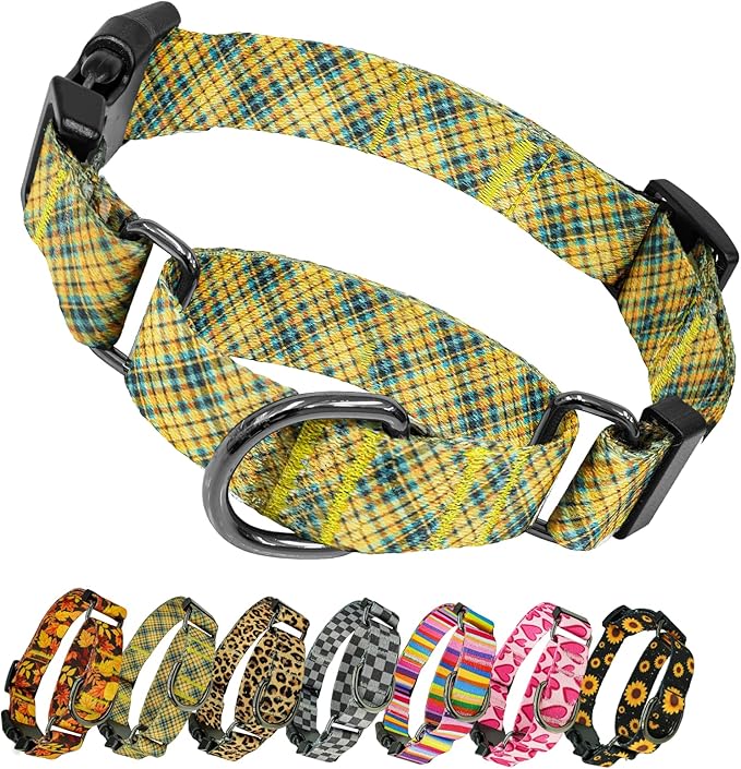 Kazazoo Martingale Collar for Dogs with Quick Release Buckle Adjustable Soft Durable Dog Collar for Small Medium Large No Pull Training Dog Collars-Yellow&Blue Plaid S