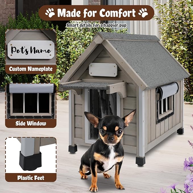 Wooden Outdoor Dog House for Small Dogs, Weatherproof Pet Shelter with Reinforced Frame, Ventilated Window, PVC Door Flap, and Nameplate,18" L x 25" W x 24" H
