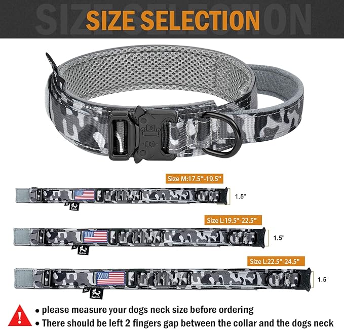 HYDEME Tactical Dog Collar, Alpine Loop Adjustable Military Training Nylon Dog Collars with Handle and Reflective for Small Medium Large Dogs, with Airtags Protective Case & Patches.(M,Camo)