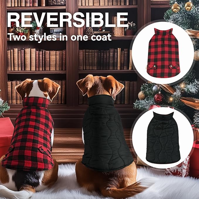 VIVAGLORY Softjoy Dog Coat, Dog Jacket for Winter & Christmas, Coat with Harness Hole, Reversible Plaid Checkered Warm Fluffy Heavy Duty for Puppy, XL, Red Black