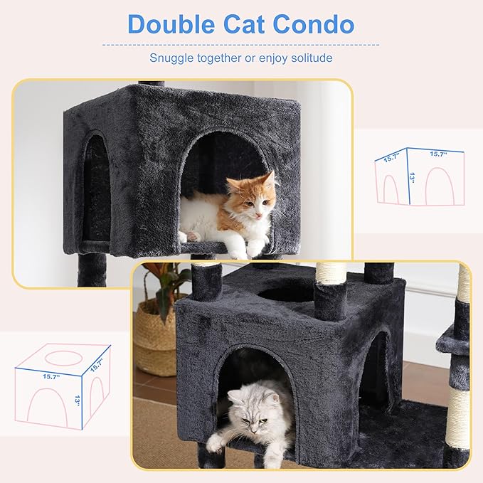 Heybly Cat Tree, 76-Inch Tall Heavy Duty Cat Tower for Big Cats with Extra Wide Baseboard, Multi-Level Large Cat Furniture with 2 Condos & 2 Hammocks, 10 Scratching Posts, Smoky Gray HCT039G