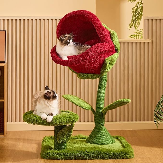 Happy & Polly 42-inch Flower-Shaped Cat Tree with Sisal Scratching Post, Modern Wood Color, Floor Mount, Indoor Climbing