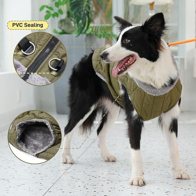 Warm Fleece Dog Coats with Durable Harness Buitl in D-Ring,Waterproof Puppy Jacket for Small Dogs,Dog Vest for Cold Winter,Green M