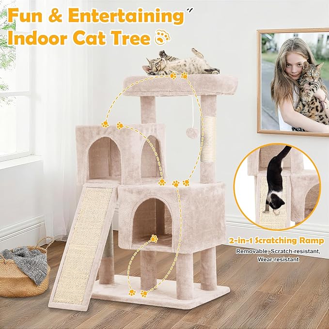 36 Inches Cat Tree for Indoor Cats, Multi-Level Cat Tower with Scratching Posts, Ramp, Plush Perch & 2 Condos, Stable for Multiple Cats Kittens House & Small Room, Beige