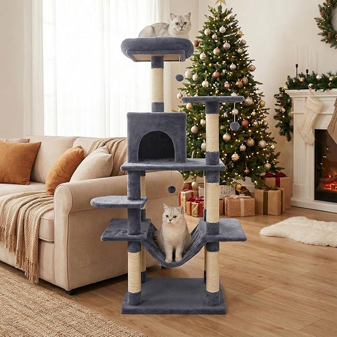 Tangkula 58 Inch Cat Tree Tower, Multi-Level Cat Tower with Sisal Scratching Posts, Padded Top Perch, Condo & Hammock, 3 Hanging Balls, Jumping Platforms for Indoor Cats (Gray)