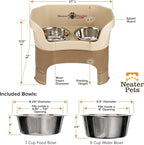 Neater Feeder Deluxe Mess-Proof Elevated Dog Bowls for Large Dogs (40+ lbs), 2 Height Adjustable (14.5” & 17.5”) No-Spill Raised Dog Bowl Stand, Stainless Steel Food Bowl Set, Made in USA, Cappuccino