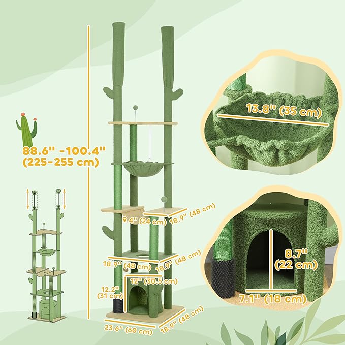 PawHut Floor to Ceiling Cat Tree, 89"-100" Adjustable Height Cactus Cat Climbing Tower for Indoor Cats with Grooming Brush Post, Cat Condo, Hammock, Sisal Scratching Posts, Green