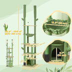PawHut Floor to Ceiling Cat Tree, 89"-100" Adjustable Height Cactus Cat Climbing Tower for Indoor Cats with Grooming Brush Post, Cat Condo, Hammock, Sisal Scratching Posts, Green