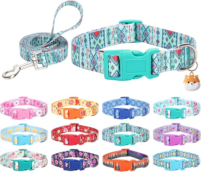 Dog Collar with Leash Airtag Holder Case Set - Dog Collars for Male Female Boy Girl Puppy X-Small Small Medium Large Dogs Walking Running Training - Maya/S