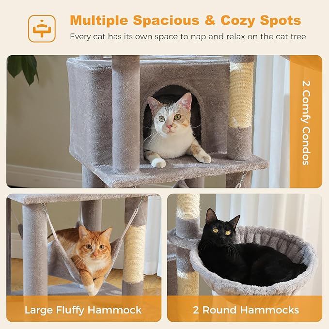 71.2" Tall Cat Tree for Indoor Cats Adult, 9-Levels Large Cat Tower with 5 Sisal Posts, 3 Hammocks, 2 Codons, Big Perch & 3 Pom Poms for Multi Cats Household– Plush Gray