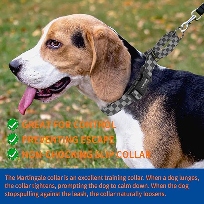 Kazazoo Martingale Collar for Dogs with Quick Release Buckle Adjustable Soft Durable Dog Collar for Small Medium Large No Pull Training Dog Collars-Black&Grey Plaid S
