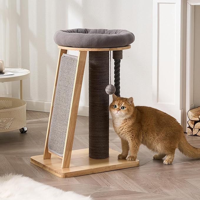 Modern Cat Tree Small Tower with Scratching Post for Indoor, Solid Wood Multifunctional Corner Cat Tree Tower with Bed, Dangling Ball,Interactive Rope, Scratching Board