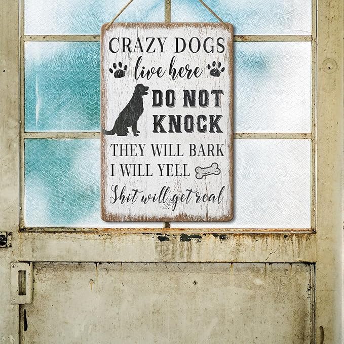 Wood Decorative Signage, DOGSlivehere, 12 x 8 inches, Funny Front Door Sign for Home Decor, Crazy Dogs Live Here - Please Do Not Knock Or Ring Doorbell