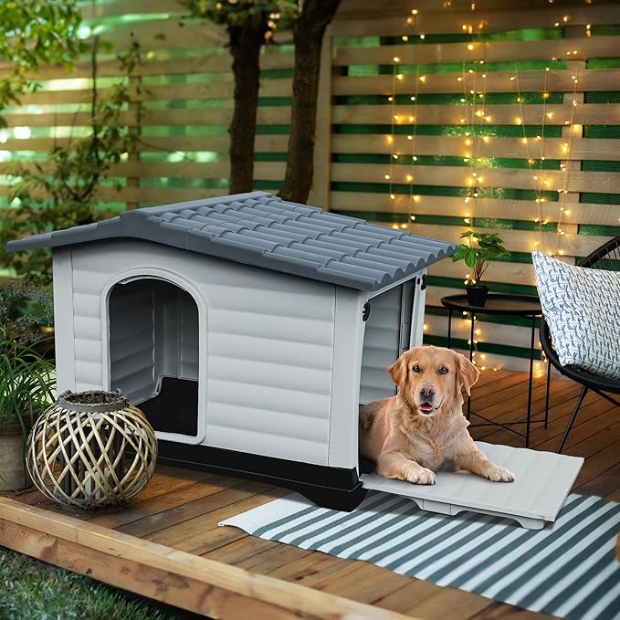 YITAHOME 2-Door Large Dog House with Elevated Base & Cushion, Plastic Pet House for Small and Medium Dogs, Easy Assembly, Waterproof for Indoor/Outdoor Use (36''L x 27.1''W x 26''H)