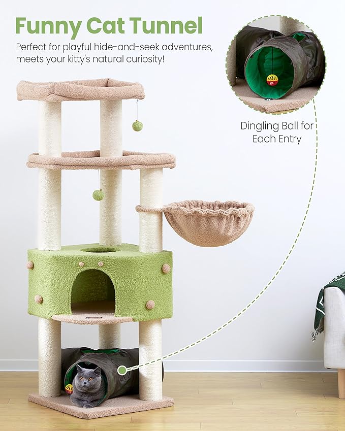 Heavy Duty Cat Tree for Large Cats Adult - 60 Inch XXL Sturdy Cat Tower Condo with Extra Wide Scratching Posts (φ4.4in) Big Cat House Hammock Perch - Indoor Wood Modern Multi Level Corner Cat Bed