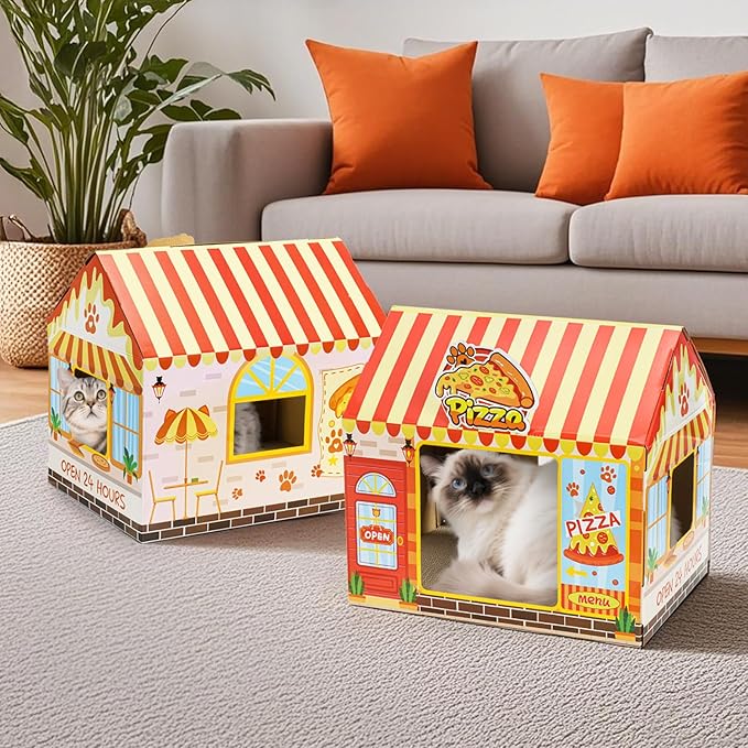 2 Pack Cardboard Cat Houses with Scratcher, 16.5''x12.25''x15'' Cat Hideaway Playhouse, Kitty Scratching Beds for Indoor Cats, Pizza Shop Cat Furniture Condo Cave Tent for Bunny Small Animals