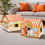 2 Pack Cardboard Cat Houses with Scratcher, 16.5''x12.25''x15'' Cat Hideaway Playhouse, Kitty Scratching Beds for Indoor Cats, Pizza Shop Cat Furniture Condo Cave Tent for Bunny Small Animals